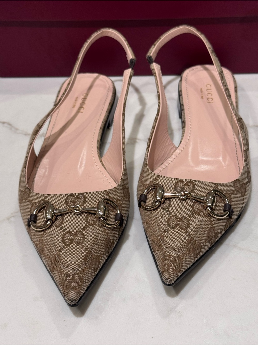 Gucci Beige GG Canvas Pointed-Toe Slingback Flats with Horsebit - Picture 10 of 10